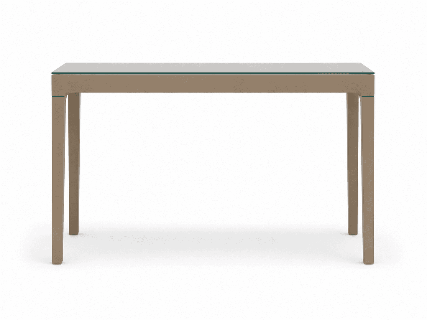 A sleek, modern console table featuring a rectangular glass top and a minimalist, taupe-colored metal frame. The frame and legs are of uniform thickness, forming a continuous, clean silhouette. — 3D model