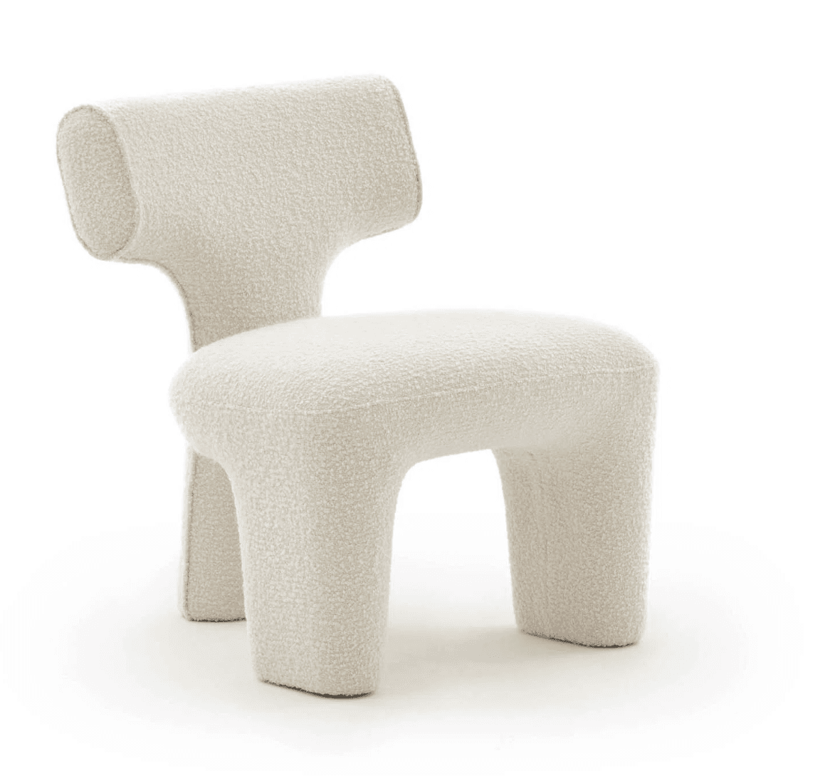 An off-white upholstered chair featuring a distinctive, rounded, and sculptural form. The chair is entirely covered in a textured boucle fabric, giving it a soft and inviting appearance. It features thick, curvilinear legs that merge seamlessly with the seat. The backrest is broad and curves inward, creating a subtle, enveloping shape without traditional, defined armrests. The design is modern and minimalist, characterized by its organic lines and lack of sharp angles. — 3D model