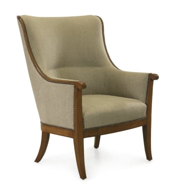 A high-back upholstered armchair featuring a visible wooden frame and nailhead trim. The chair is covered in a beige and light brown striped fabric. It has gently curved armrests and tapered legs. — 3D model
