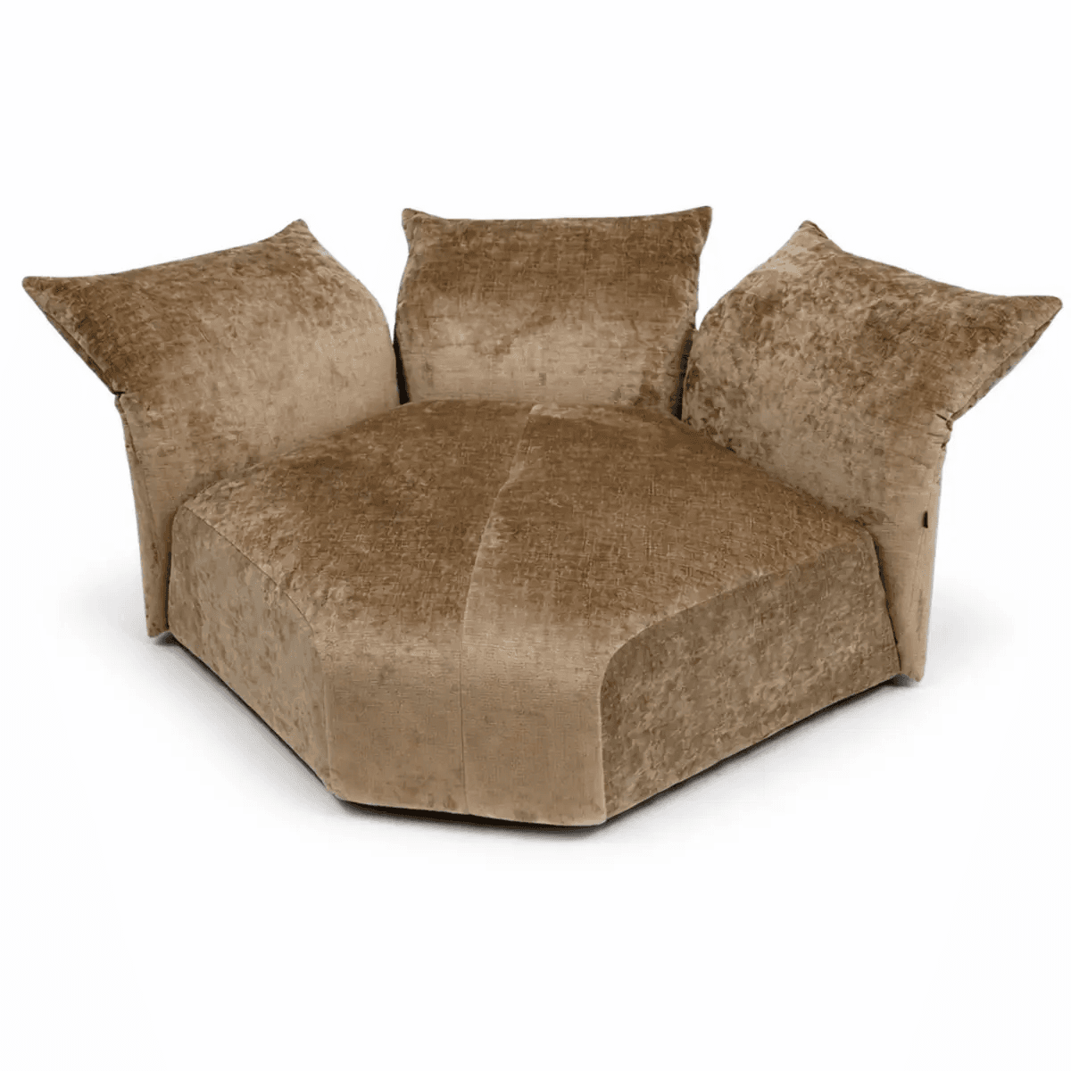 A low-profile, plush lounge chair characterized by a wide, deep seat and three separate, loose back/arm cushions. It is upholstered in a textured, light brown or taupe velour fabric, suggesting comfort and a contemporary aesthetic. The design hints at modularity. — 3D model