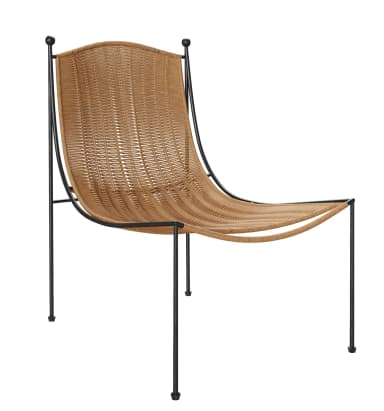 A contemporary lounge chair featuring a minimalist black tubular metal frame and a wide, intricately woven tan synthetic rope or cord forming the seat and backrest. The chair exhibits a relaxed, low-slung profile with an ergonomically curved seating surface for comfort. The design is open and airy, with four slender legs providing stability. The black frame contrasts with the lighter-toned weaving, creating a modern aesthetic. — 3D model
