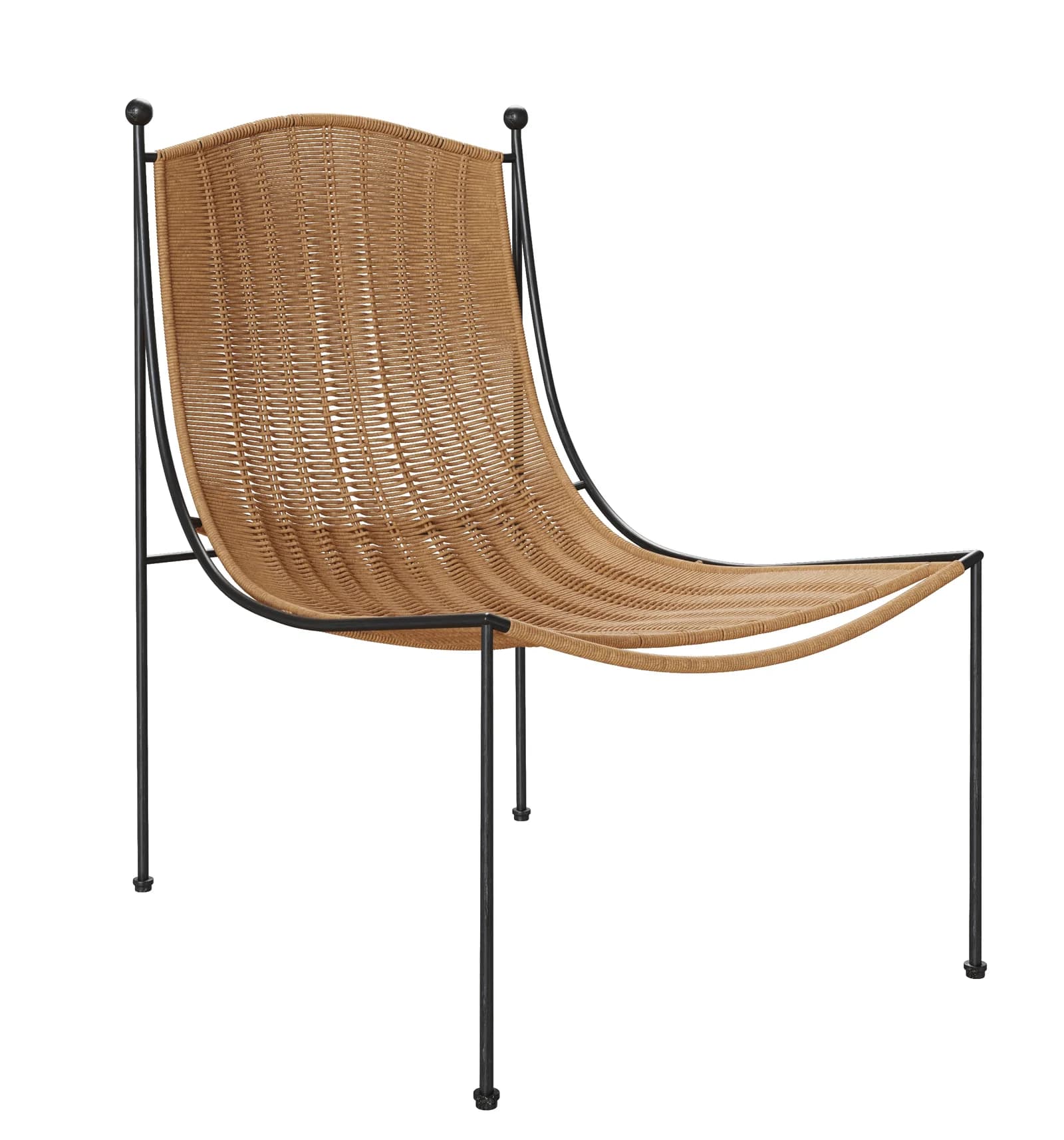 A contemporary lounge chair featuring a minimalist black tubular metal frame and a wide, intricately woven tan synthetic rope or cord forming the seat and backrest. The chair exhibits a relaxed, low-slung profile with an ergonomically curved seating surface for comfort. The design is open and airy, with four slender legs providing stability. The black frame contrasts with the lighter-toned weaving, creating a modern aesthetic. — 3D model