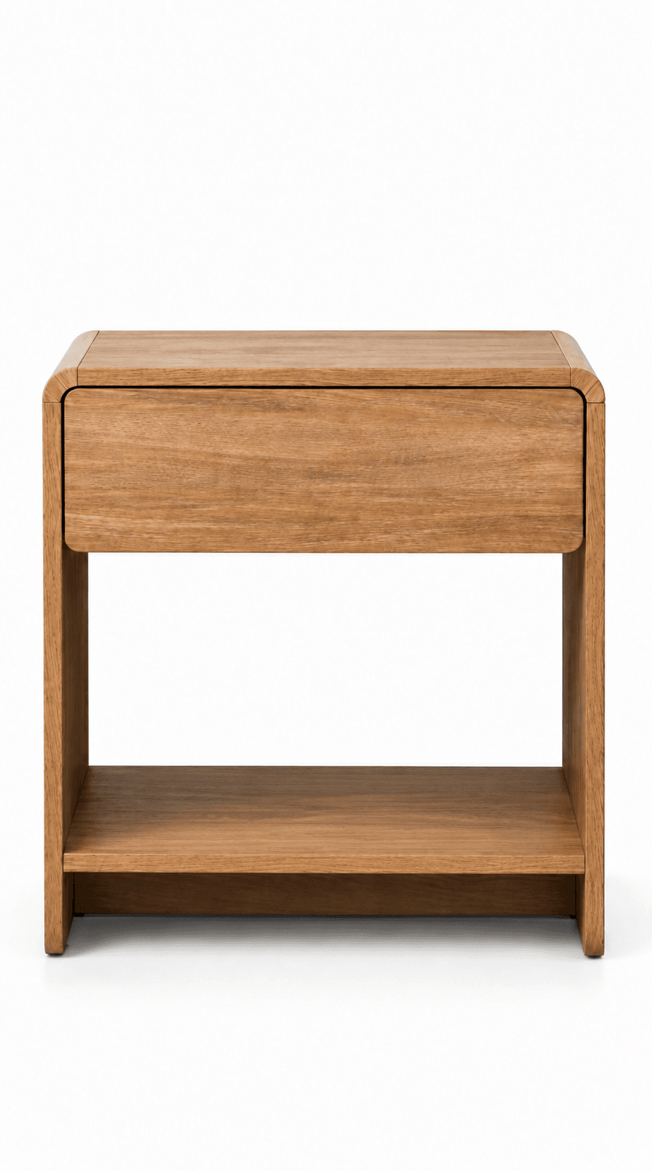 A minimalist nightstand constructed from light brown oak wood, featuring a single, integrated drawer and an open lower shelf. The top surface and the front edges are softly rounded, giving it a contemporary and refined appearance. — 3D model