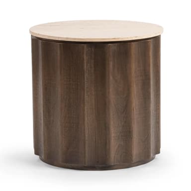 A cylindrical accent table featuring a light-colored natural stone top and a dark, fluted wood base, presented on a white background. — 3D model