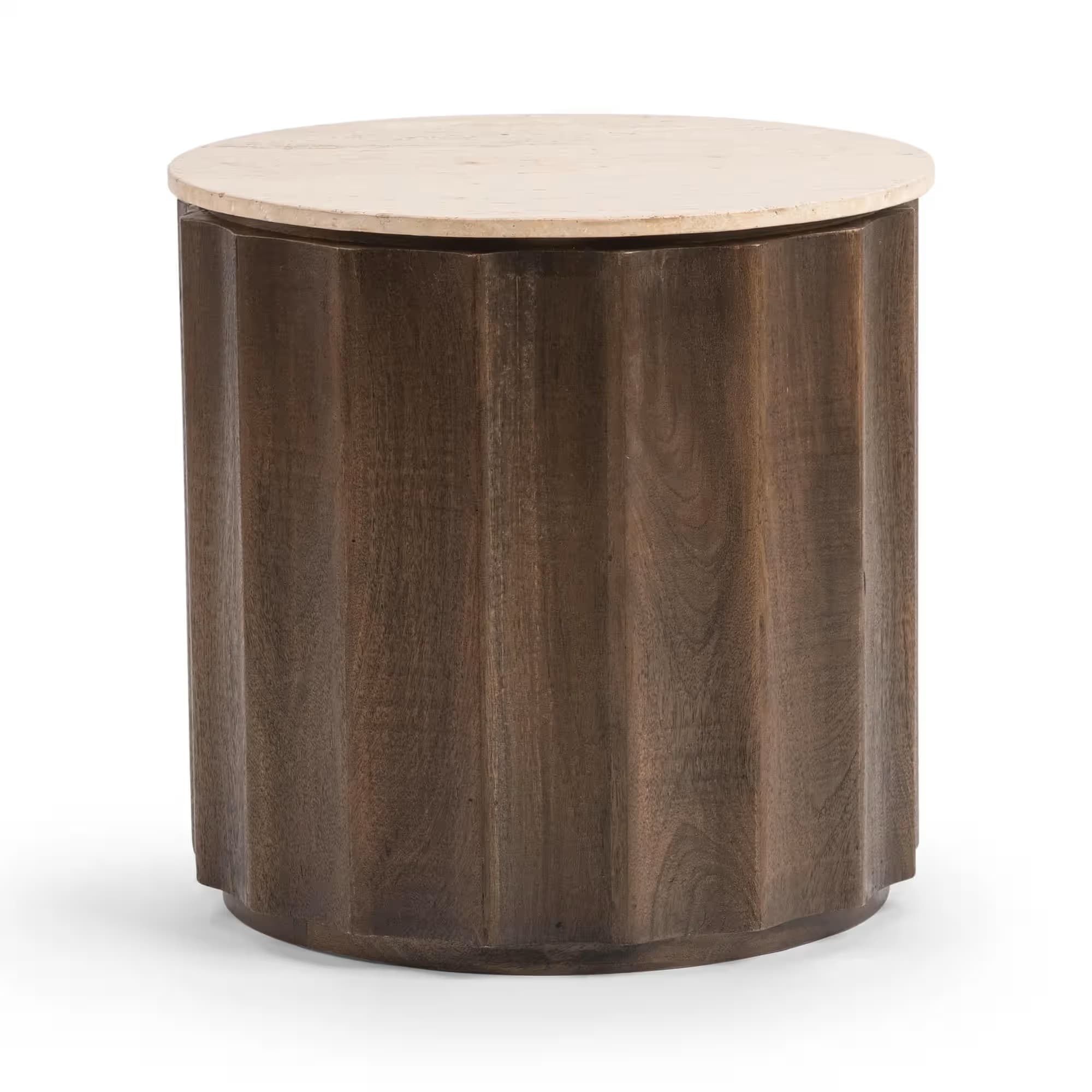 A cylindrical accent table featuring a light-colored natural stone top and a dark, fluted wood base, presented on a white background. — 3D model