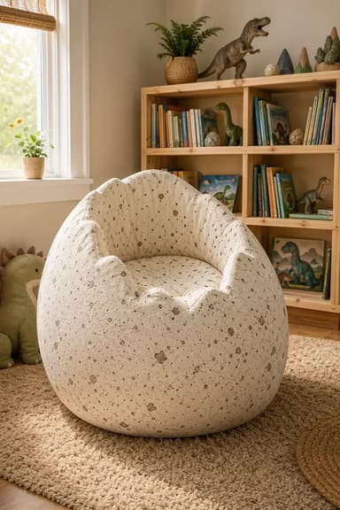 A contemporary, rounded bean bag chair upholstered in a light beige fabric with a distinctive speckled brown pattern, featuring a low-profile and a subtly recessed seating area. — 3D model