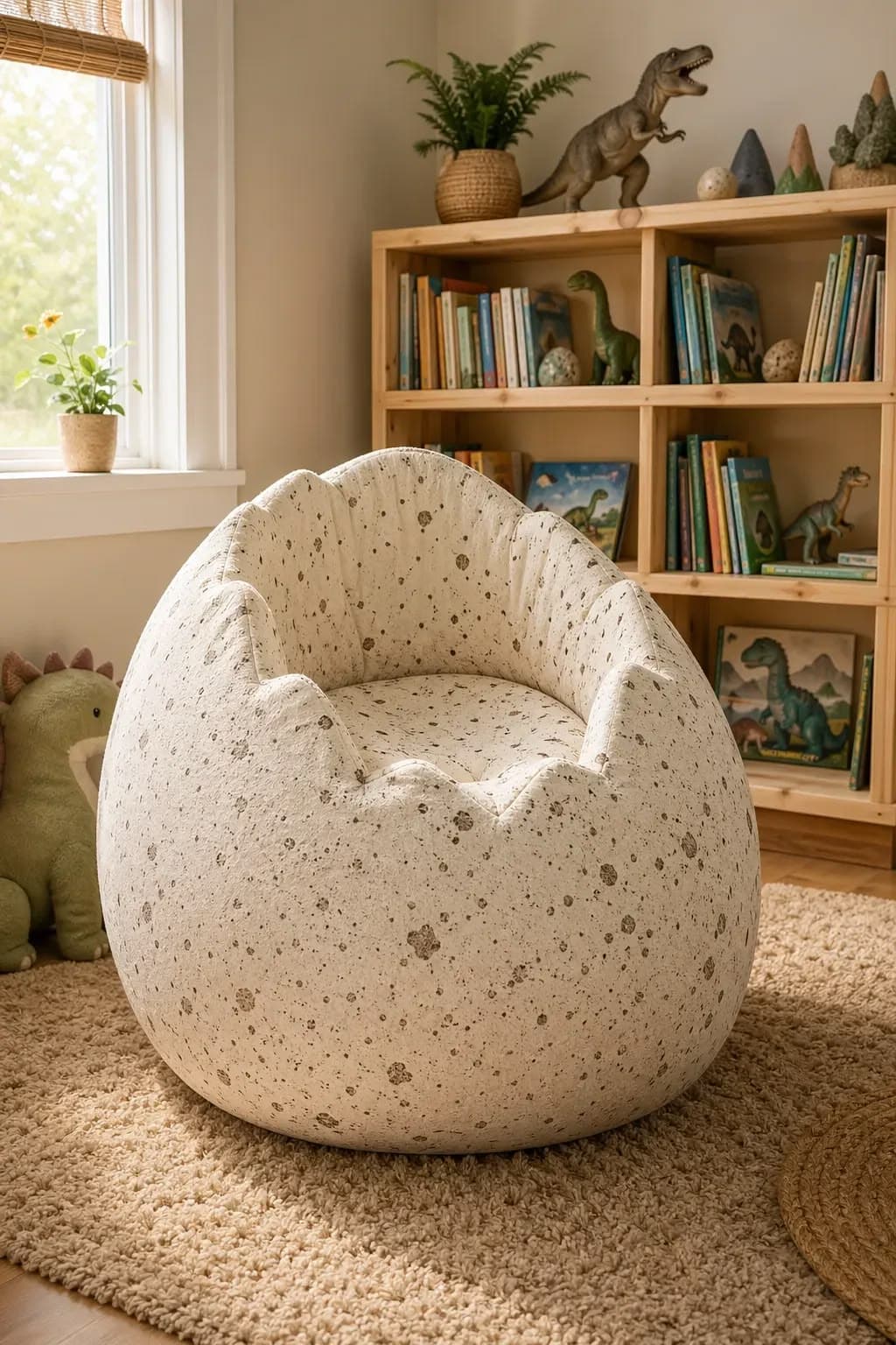 A contemporary, rounded bean bag chair upholstered in a light beige fabric with a distinctive speckled brown pattern, featuring a low-profile and a subtly recessed seating area. — 3D model
