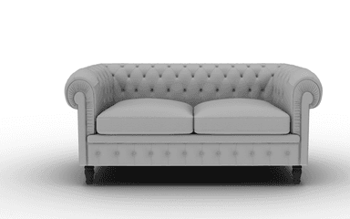 A grey Chesterfield-style loveseat sofa featuring deep button tufting on the backrest, rolled arms, and front apron. It has two separate seat cushions and is supported by short, dark, turned wooden feet. — 3D model