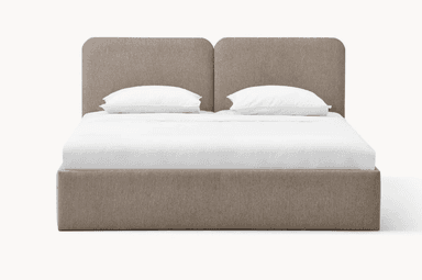 A modern upholstered platform bed featuring a clean, minimalist design and a distinctive split headboard with rounded corners. — 3D model