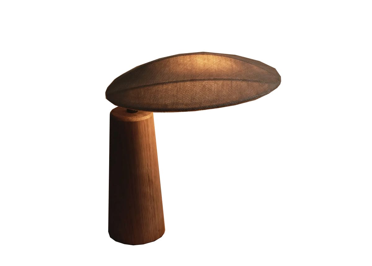 A contemporary table lamp with a tapered wooden base and an oval, fabric lampshade. — 3D model
