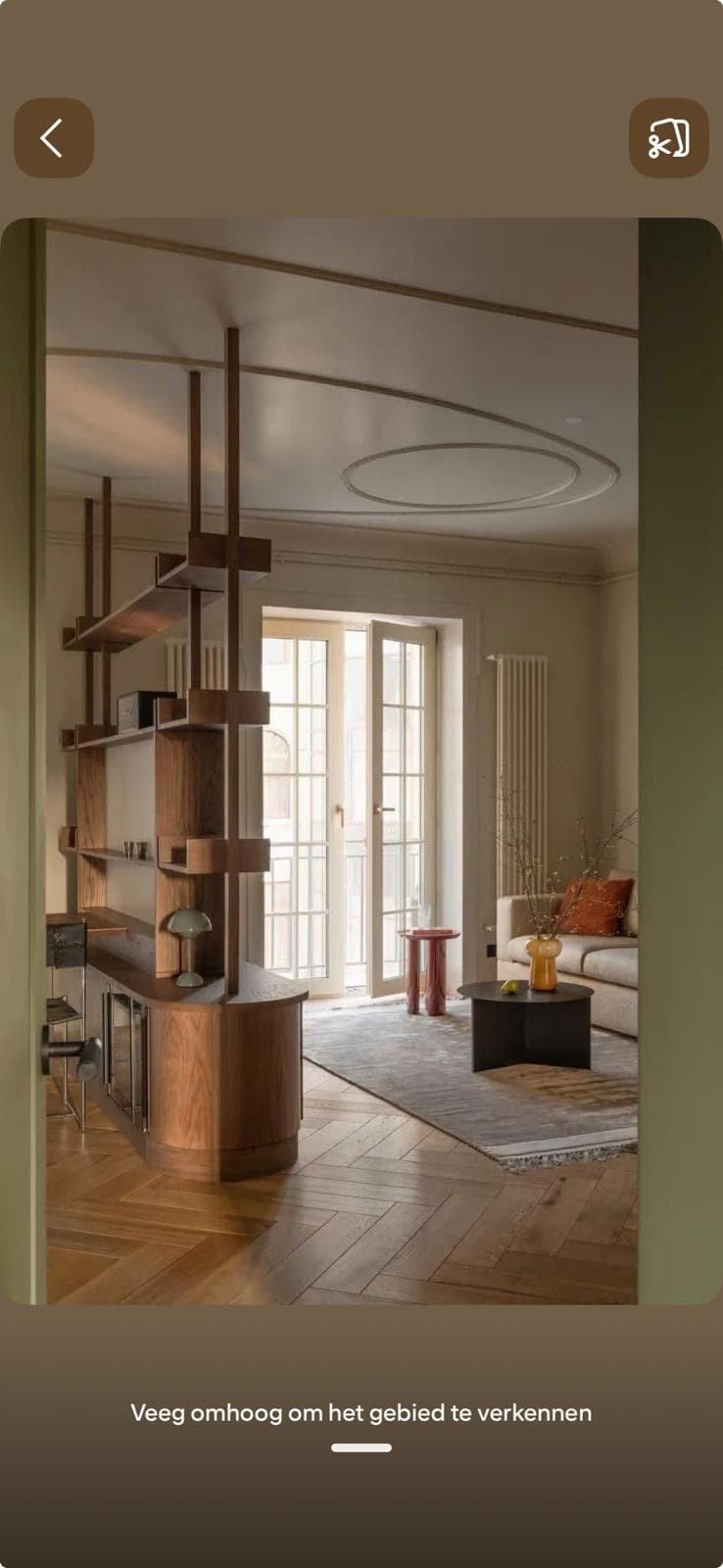 A contemporary tall shelving unit crafted from dark walnut wood, featuring an integrated lower cabinet with rounded edges and glass-front doors. The upper section consists of multiple adjustable shelves supported by slender vertical posts, creating an open and modular appearance. The design emphasizes display capabilities with a built-in storage solution. — 3D model