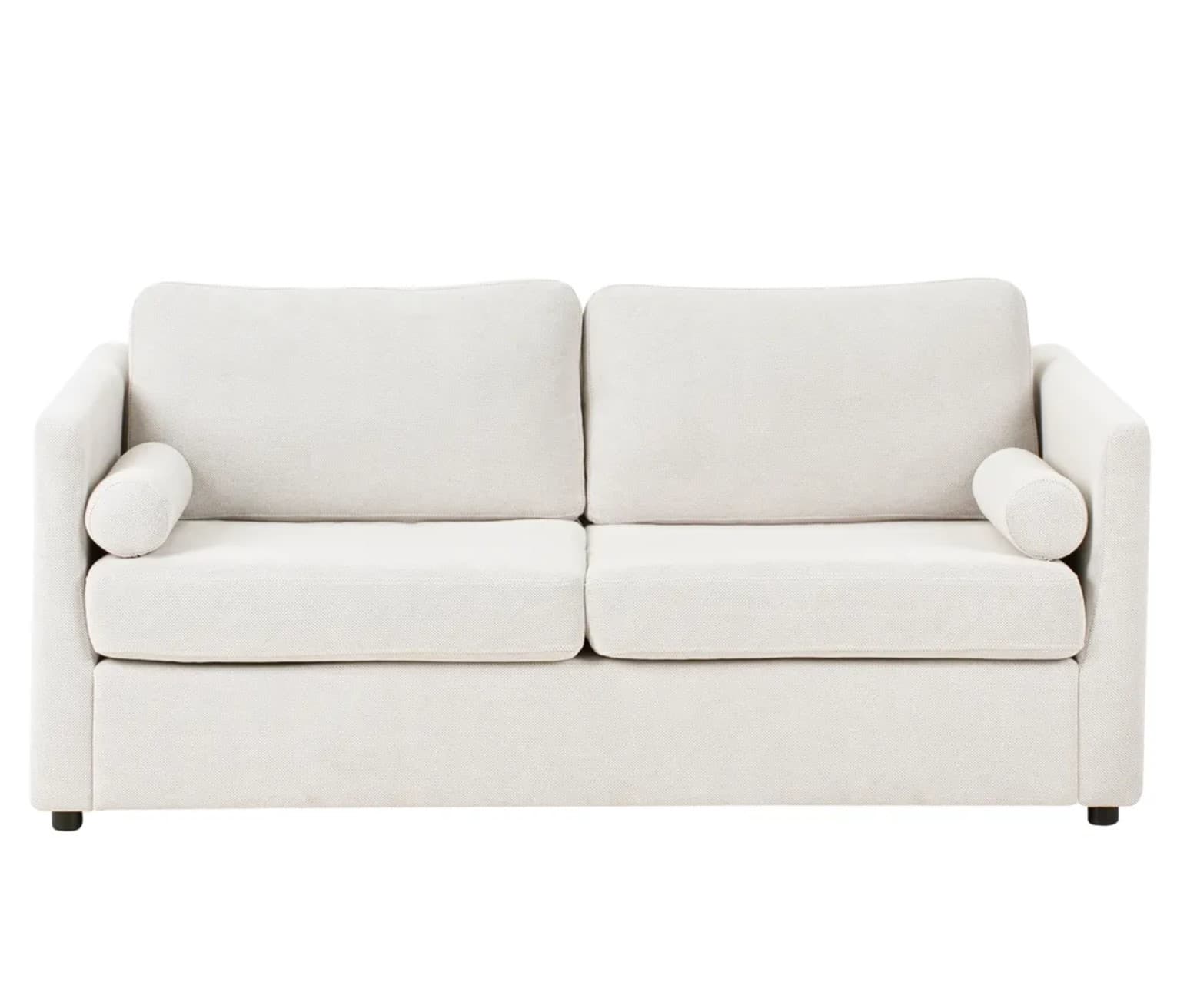 A two-seater sofa with upholstered cushions and arms. It features two rectangular back cushions and a single seat cushion. Cylindrical bolster pillows are placed at each end of the sofa, resting against the arms. — 3D model