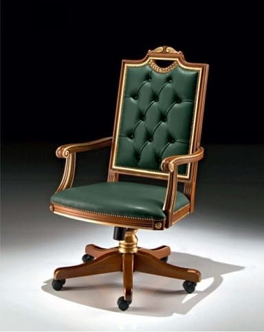 A regal and ornate desk chair featuring a high, tufted backrest and seat upholstered in deep green faux leather or leather. The robust wooden frame is adorned with intricate gilded carvings, particularly noticeable on the top rail of the backrest and along the scrolled armrests. It is supported by a five-star wooden swivel base equipped with black casters, providing mobility. Nailhead trim accents the edges of the upholstery. — 3D model