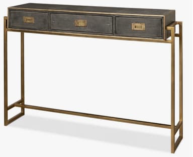A narrow console table with a rectangular top, featuring three drawers with brass rectangular pulls. The base is constructed from thin, angular metal legs connected by a lower stretcher bar. — 3D model