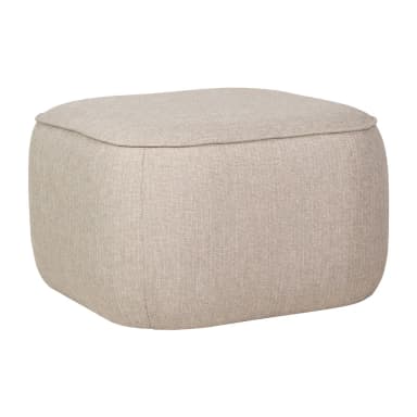 A rounded, cube-shaped ottoman upholstered in a textured fabric. It features a slightly recessed top with a subtle welt cord detail around the perimeter. The sides are uniformly upholstered and taper slightly towards the base, which is not visible. The overall form is soft and contemporary. — 3D model