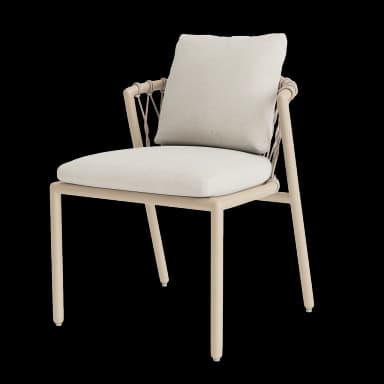 A contemporary armchair featuring a light beige powder-coated metal frame, a distinctive woven beige rope backrest, and two thick, light cream-colored upholstered cushions for the seat and back. — 3D model