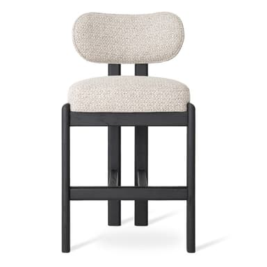 A modern dining chair featuring a dark-stained wooden frame and light-colored, textured fabric upholstery. The chair has a square, padded seat and a small, rounded backrest. The frame consists of four sturdy, rectangular legs connected by stretchers, providing a robust and minimalist silhouette. — 3D model