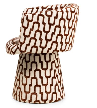 A swivel armchair upholstered in a fabric with a repeating geometric pattern. The armchair features a curved back and armrests that flow into a pedestal base. The base is conical in shape and tapers towards the bottom. The upholstery is a textured fabric with a cream background and a dark brown interlocking chain-link pattern. — 3D model