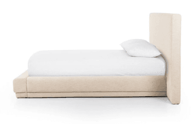 A modern upholstered platform bed featuring a clean, minimalist design. The entire frame, including the tall, rectangular headboard and the low-profile base, is covered in a light beige, textured fabric. The bed is designed to support a mattress without the need for a box spring. — 3D model