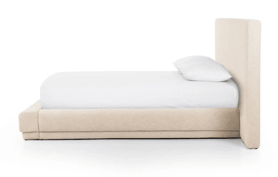 A modern upholstered platform bed featuring a clean, minimalist design. The entire frame, including the tall, rectangular headboard and the low-profile base, is covered in a light beige, textured fabric. The bed is designed to support a mattress without the need for a box spring. — 3D model