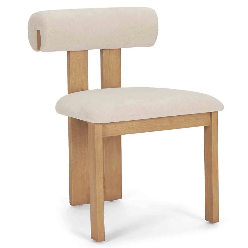 A modern dining chair featuring a light-toned wooden frame and cream-colored textile upholstery. The chair has a distinctive cylindrical backrest, also upholstered, which is supported by two vertical wooden slats extending from the main frame. The seat is a padded, upholstered square cushion. The chair stands on four straight, tapered wooden legs. Its design is minimalist and contemporary, with clean lines and a neutral color palette. — 3D model