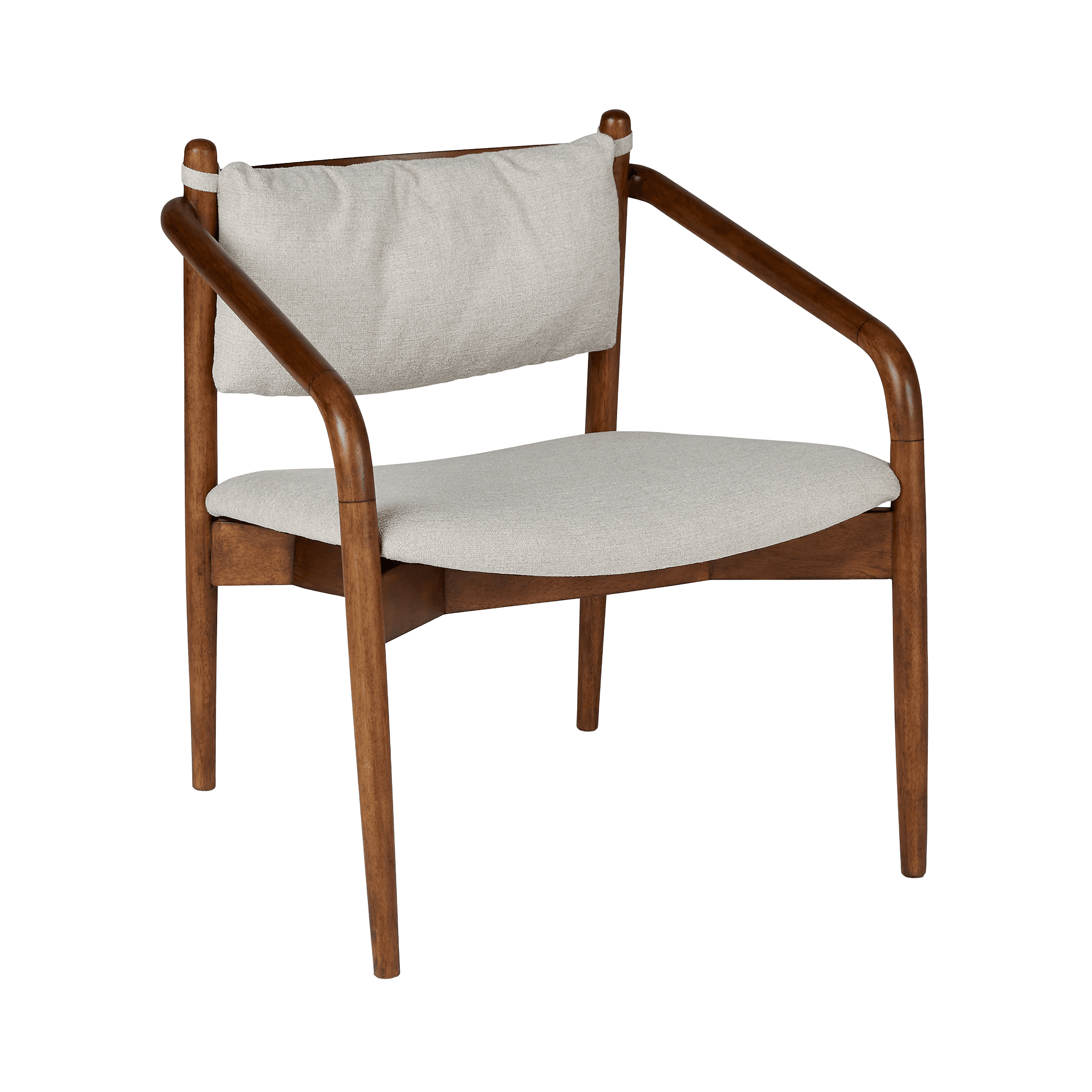 A wooden armchair with a woven textured fabric upholstery for the seat and backrest. The frame is constructed from curved wooden elements forming the arms and legs. The backrest is a padded cushion attached with fabric straps to the wooden frame. — 3D model