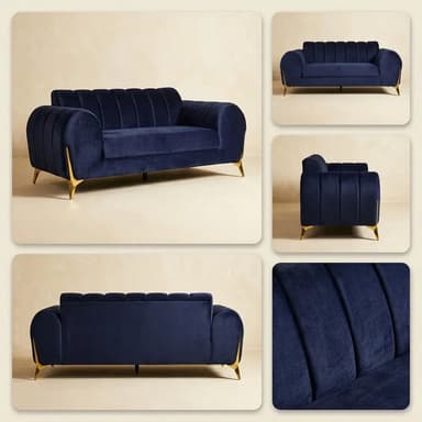 A stylish navy blue velvet loveseat featuring distinctive channel tufting on the backrest and rolled armrests, supported by slender gold-tone metal legs. — 3D model