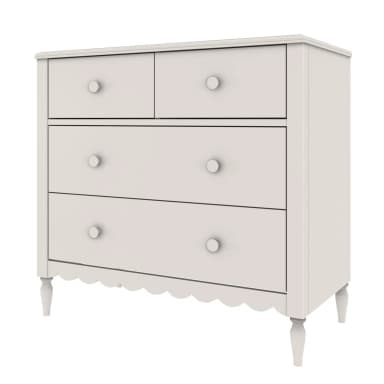 A light-colored dresser with a scalloped base and four legs. It features two smaller drawers at the top, arranged side-by-side, and two larger drawers below them. Each drawer is equipped with a round knob. — 3D model