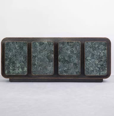 A long, low rectangular cabinet with a dark, patinated metallic finish and four integrated doors featuring prominent, rounded rectangular panels of highly figured green marble. The cabinet's ends are smoothly rounded, and it rests on a recessed plinth base. — 3D model