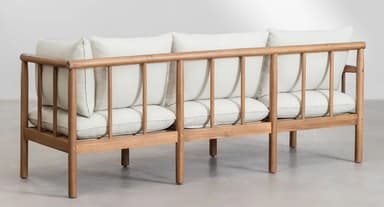 A three-seater sofa with a wooden frame and cushioned seating and backrest. The sofa features an armrest on the left side and has a slatted back support structure visible behind the cushions. The legs are cylindrical and spaced to provide stability. — 3D model