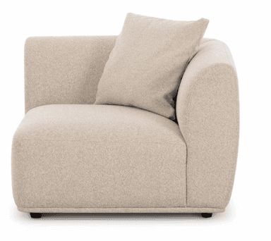 A modern, light beige (oatmeal) modular seating unit, part of a sectional sofa, featuring one broad armrest on the right side (from the viewer's perspective) and a backrest. It has soft, rounded edges and is upholstered in a textured, possibly bouclé or woven fabric, with a loose rectangular back cushion. The base is low with small, dark recessed feet. — 3D model