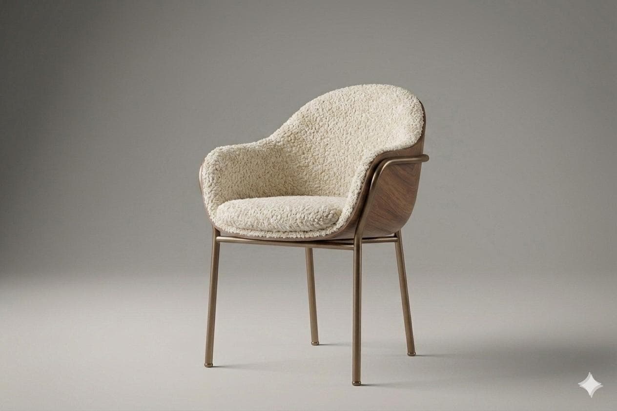 A contemporary armchair featuring a curved molded wood shell, plush cream bouclé upholstery, and slender metallic legs, designed for comfort and modern aesthetics. — 3D model