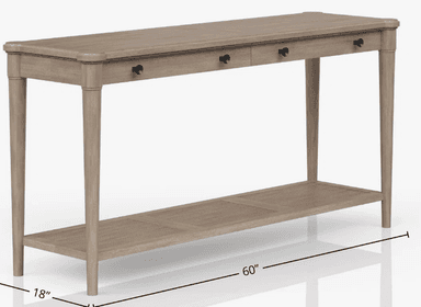 A slender console table with a rectangular top and four tapered legs. The table features two drawers with simple, round metal pulls. The lower shelf has a woven cane insert with a linear pattern. — 3D model