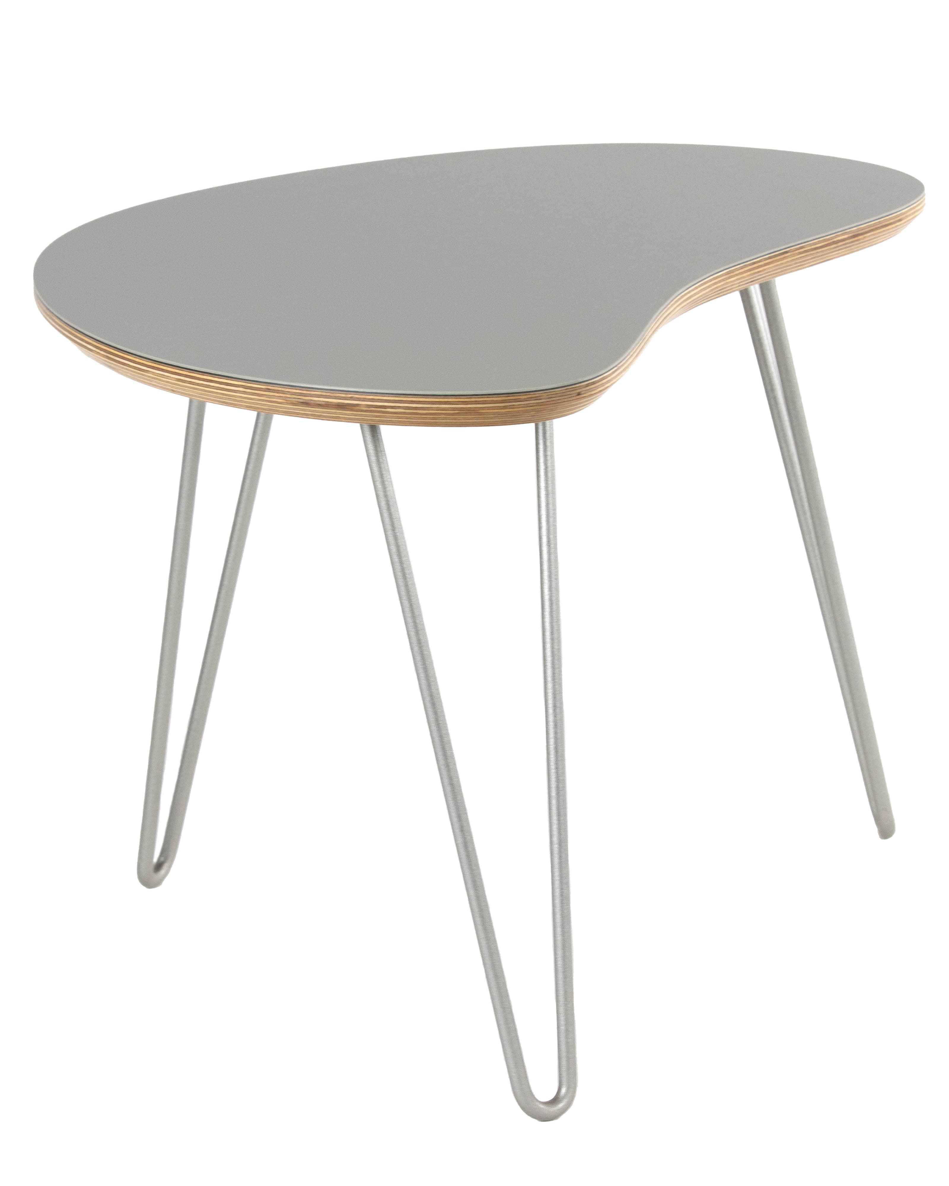 A small, modern accent table featuring an irregularly shaped gray laminate top with visible plywood edges, supported by four slim, silver-colored hairpin legs. — 3D model