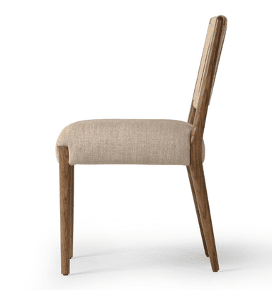 A contemporary dining chair featuring a solid wood frame, a natural woven rope backrest, and an upholstered fabric seat. — 3D model