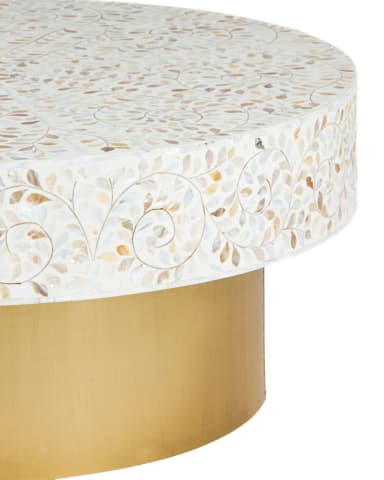 A round coffee table featuring a mother-of-pearl inlay top and a brass drum base. The inlay forms an elaborate vine and leaf pattern across the entire top surface and down the sides of the tabletop. The base is a contrasting smooth, polished brass cylinder. — 3D model