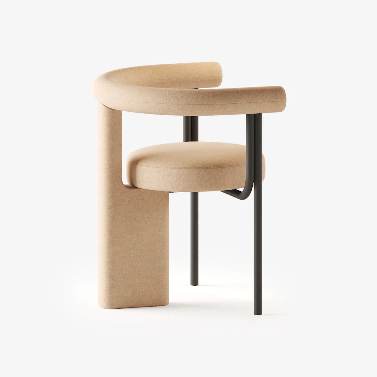 A contemporary armchair featuring an asymmetrical design with a circular upholstered seat and back. One side incorporates a thick, upholstered rectangular pillar that extends into a curved armrest and backrest, while the opposite side is supported by two slender, dark metal tubular legs, with one extending upwards to form the other half of the curved armrest. The entire structure is upholstered in a textured beige or tan fabric. — 3D model