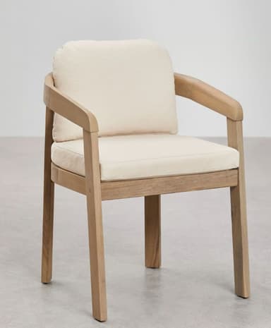 A contemporary armchair featuring a light-toned wooden frame and cream-colored upholstered cushions. The chair has a sturdy, block-like construction with straight, slightly tapered legs. The armrests are smoothly curved, extending from the backrest and connecting seamlessly to the front legs. Both the seat and back are fitted with thick, removable cushions, providing a comfortable seating experience. The design is clean and minimalist, highlighting the natural wood grain. — 3D model
