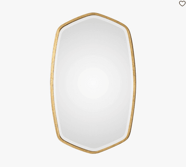 A contemporary wall mirror featuring an organic, irregular geometric shape with a slim, polished gold-toned metal frame. The mirror surface is clear and reflective, with clean edges. The overall aesthetic suggests a modern or transitional style piece, designed for decorative and functional purposes in various interior settings. The frame has a slightly distressed or aged gold finish, adding character to its appearance. — 3D model