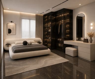 A modern upholstered platform bed featuring a generously padded, curved headboard that seamlessly integrates small, circular side tables on either side. The entire frame is upholstered in a light, neutral fabric, suggesting a contemporary and comfortable design. The bed is adorned with dark grey and white bedding, along with decorative spherical pillows. — 3D model