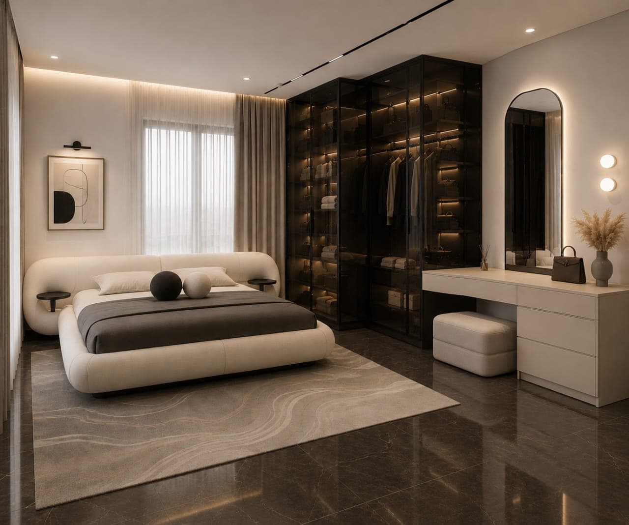 A modern upholstered platform bed featuring a generously padded, curved headboard that seamlessly integrates small, circular side tables on either side. The entire frame is upholstered in a light, neutral fabric, suggesting a contemporary and comfortable design. The bed is adorned with dark grey and white bedding, along with decorative spherical pillows. — 3D model