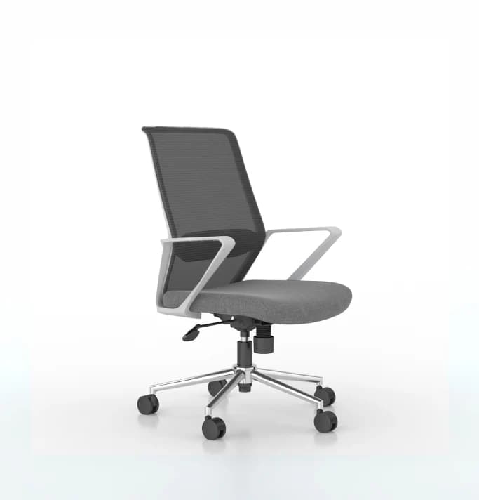 A modern office chair with a mesh backrest and upholstered seat. It features a five-star base with casters for mobility and adjustable height mechanisms. The armrests are integrated into the frame structure and are finished in white. The backrest is dark gray mesh, and the seat is upholstered in a textured gray fabric. — 3D model