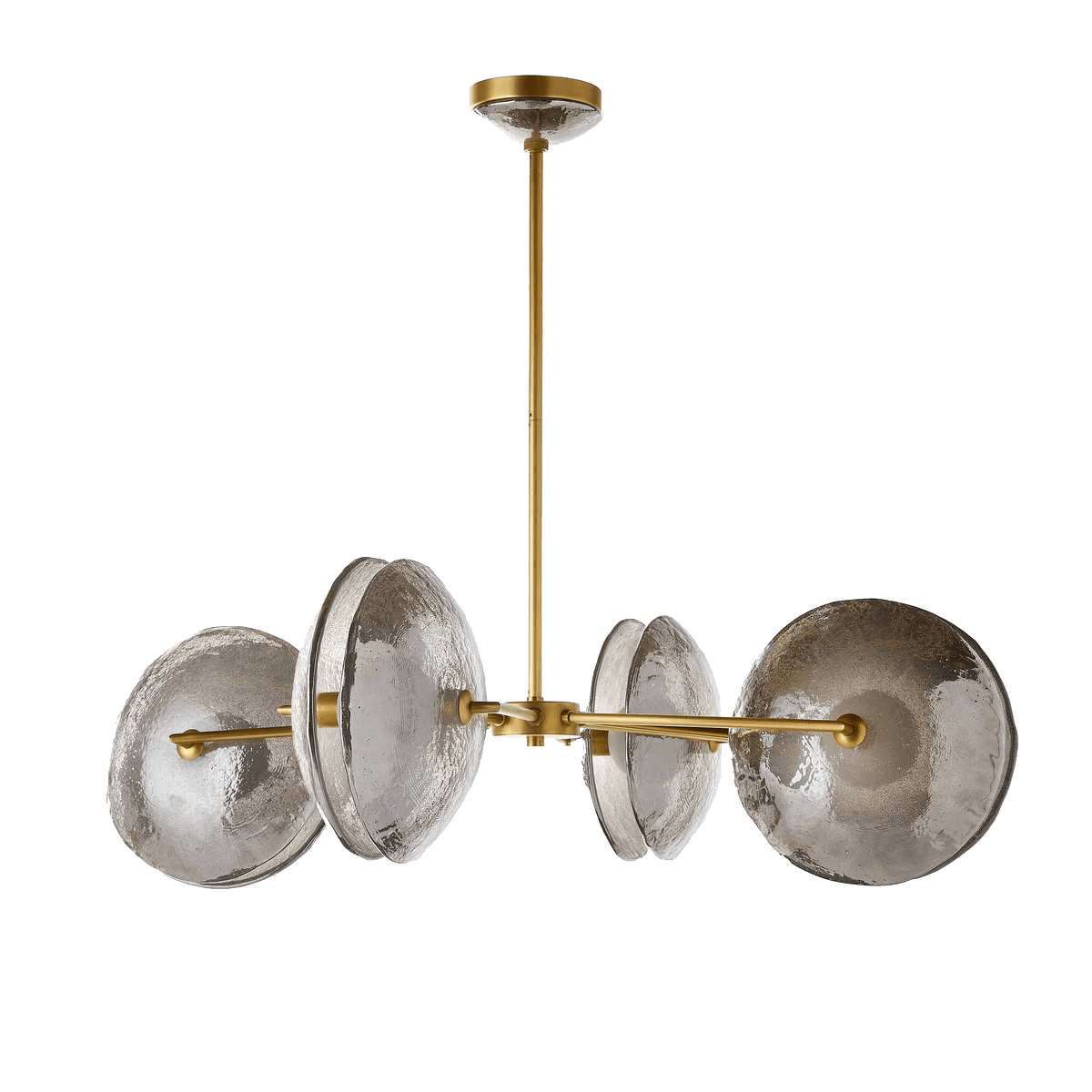 A modern chandelier featuring a central brass stem, branching into multiple horizontal arms, each supporting disc-shaped textured glass diffusers. The fixture has a warm brass finish and eight light points. It is designed for ceiling mounting. — 3D model