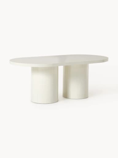 A modern coffee table with a cylindrical pedestal base and a broad, slightly bevelled, flat tabletop. The base appears to be constructed from a series of vertical rectangular tiles or segments, creating a fluted effect. The tabletop has rounded corners and a soft, matte finish. The overall design is minimalist and contemporary. — 3D model