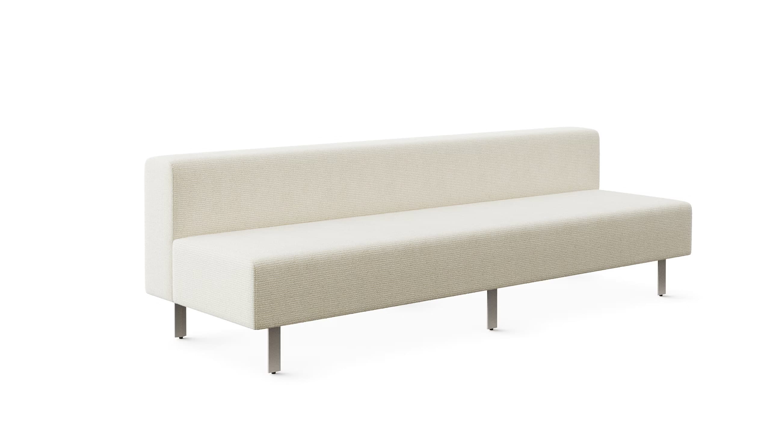 A modern, armless sofa with a clean, rectangular design. It features a tufted seat and backrest upholstered in a textured, light-colored fabric. The sofa is supported by four slender, metallic legs. — 3D model