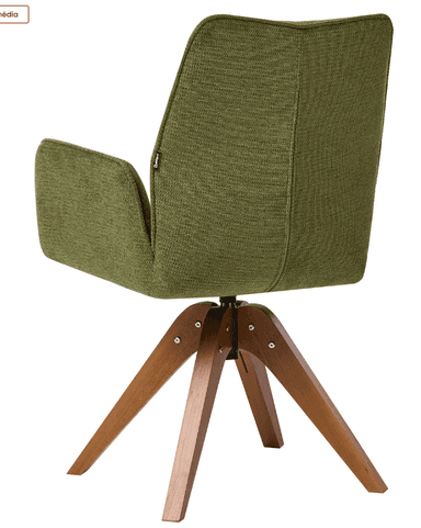 A modern swivel armchair featuring an upholstered olive green fabric seat and backrest with integrated armrests. The chair is supported by a splayed four-leg wooden base with visible metal hardware, allowing the seat to swivel. — 3D model