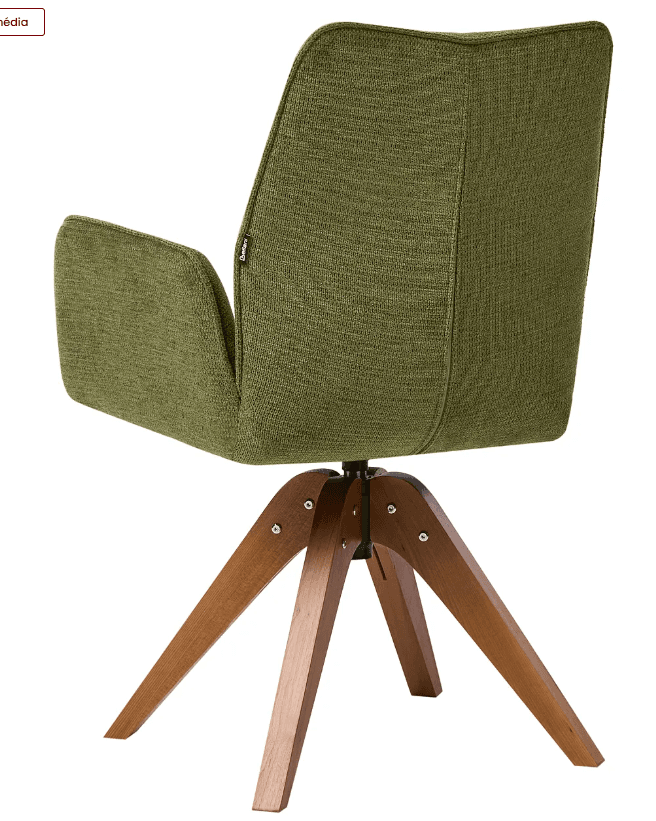 A modern swivel armchair featuring an upholstered olive green fabric seat and backrest with integrated armrests. The chair is supported by a splayed four-leg wooden base with visible metal hardware, allowing the seat to swivel. — 3D model