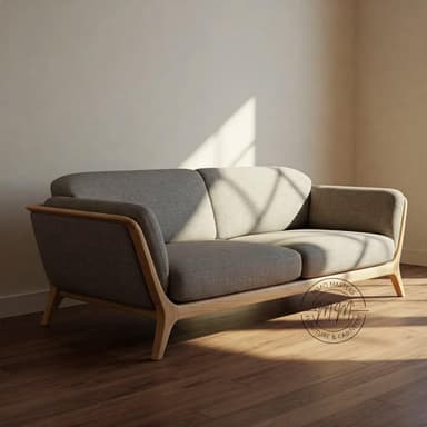 A modern two-seater sofa featuring a light grey fabric upholstery and an exposed light-toned wooden frame that forms the arms and legs. — 3D model