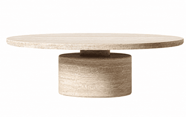 A low, round coffee table made entirely from light beige travertine, featuring a thick circular top and a substantial cylindrical pedestal base. The stone exhibits natural variations in color and a porous texture. — 3D model
