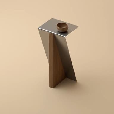 A small, modern geometric side table featuring a bent metallic structure combined with an angled wooden panel. — 3D model
